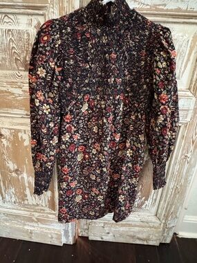 Plenty Floral  High-Neck Smocked Mini Dress in Black and Rust